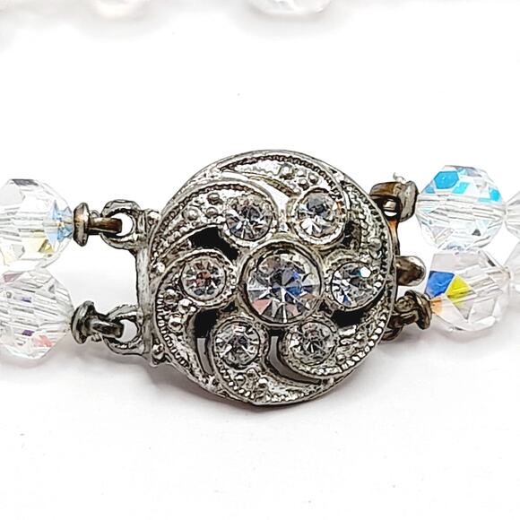Vintage 1950s Wedding Bracelet, Aurora Borealis Crystal Beads, Rhinestone Clasp - Picture 3 of 14